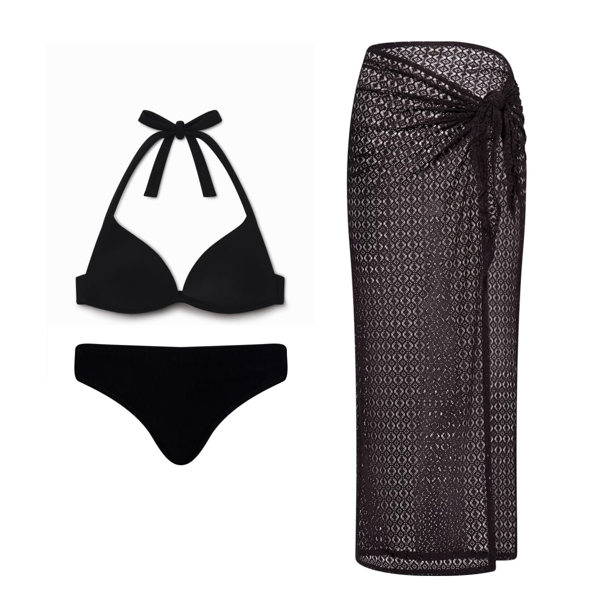 Plunge Bikini Top & Classic Bikini & Maxi Sarong 3-Piece Swim Bundle